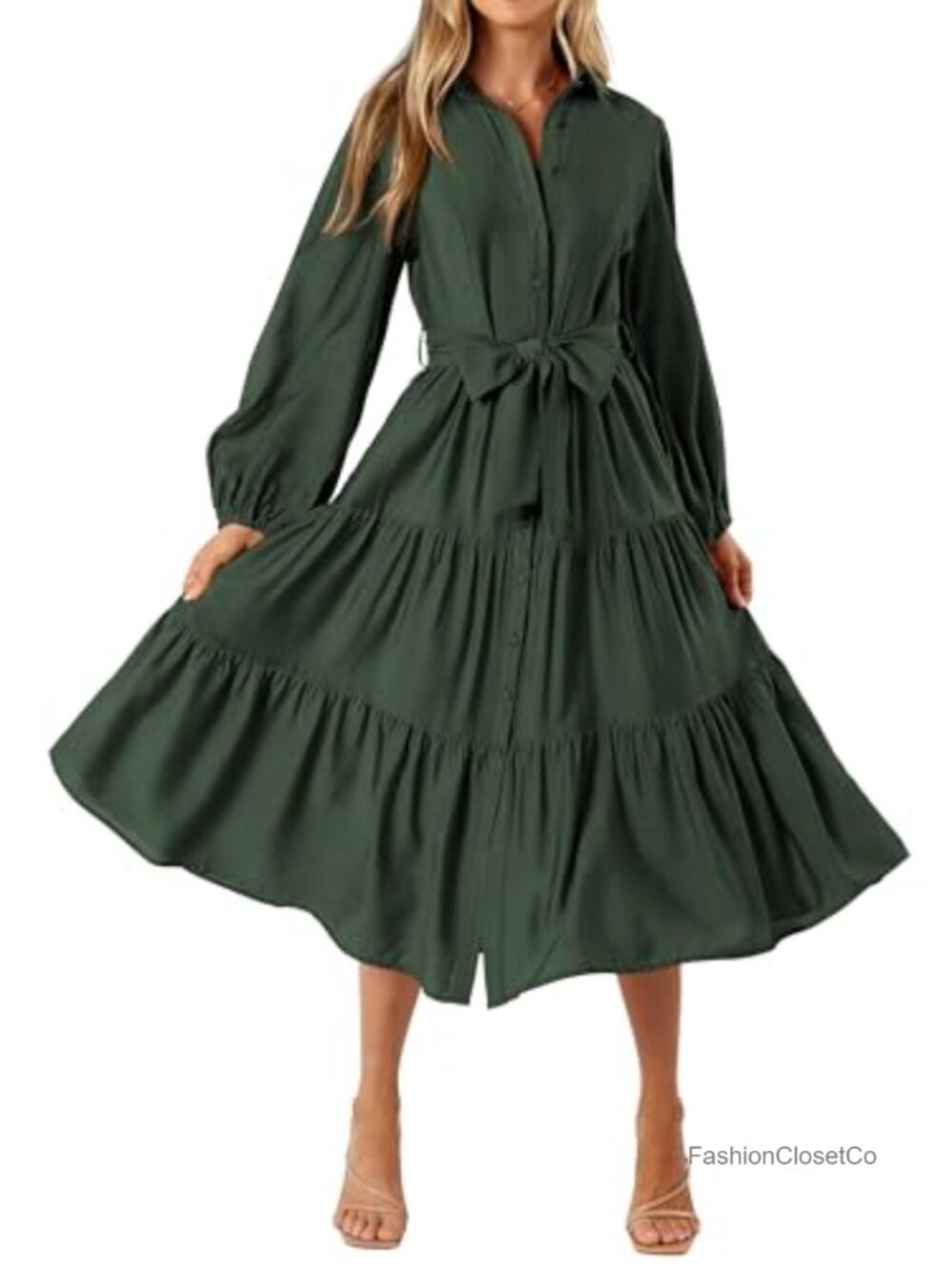 Women's V-Neck Midi Dress Long Sleeve Button Down A-Line Casual